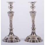 A pair of George II style electroplated table candlesticks, probably by Roberts & Slater, Sheffield,