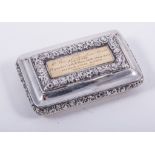 A Regency silver and parcel gilt presentation snuff box, by Joseph Willmore, Birmingham 1819,