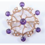 An amethyst and pearl circular cluster brooch,