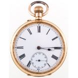 A yellow metal open face pocket watch, white enamel Roman numeral dial with subsidiary seconds dial,
