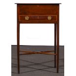 A George III mahogany work table, rectangular top above a drawer,