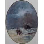 T. B. Hardy Fisherfolk on the shore, bears signature and dated '90, oil on board, oval 29cm x 21cm.