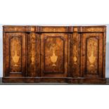 A Victorian walnut figured and walnut marquetry chiffonier, shaped outline to the plain frieze,