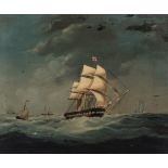 After John Wilson Carmichael Three masted ship and others at sea, oil on canvas, 50cm x 42cm.