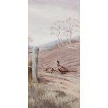 Roland Green Pair of pheasants in a ploughed field signed, watercolour 28cm x 14cm,