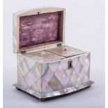 A Victorian abalone bow-front tea caddy, with lozenge sections, two division interior, width 15cm.