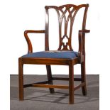 A George III mahogany elbow chair, shaped cresting, lancet splat, gros point needlework,
