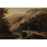 Dutch School Landscape with a figure on a bridge, oil on oak panel, 11cm x 16 cm.