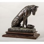 After Stanislas Lami, A Great Dane observing a snail, brown patinated bronze animalia,