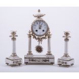A French white marble and white metal three piece clock garniture, late 19th century,