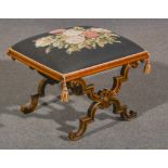 A Victorian rosewood framed stool, rectangular top with applique centred upholstered seat,