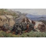 John Sargeant Noble 'In Glen Falloch', retrievers resting, signed, watercolour, 16cm x 25cm.