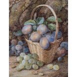 Vincent Clare Plums in a basket with grapes by a mossy bank, signed, watercolour,