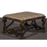 Louis XIV style ebonised stool, rectangular top with drop in striped upholstered seat,