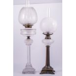 A late Victorian brass oil lamp, tapering column, frosted and cut-glass reservoir,