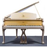 A boudoir grand piano by Challen, number 50180, supplied by Harrods, iron framed and overstrung,