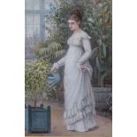 Arthur C H Luxmoore 'My Conservatory', a young lady in Regency dress, initialled and dated 1873,