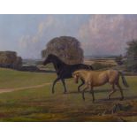 Lionel Brookes Two horses in the Welland Valley, signed, oil on canvas, 102cm x 127cm.