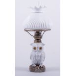 A French porcelain nursery oil lamp, late 19th century, designed as an owl,