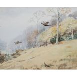 Roland Green Breaking Cover, pheasants near woodland signed, watercolour 21cm x 26cm.