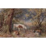 Frederick James Knowles 'Straying', calves in woodland, signed and dated 1913, watercolour,
