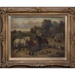 John Frederick Herring, Junior Farm scene with horses, cattle, pigs, ducks and chickens,