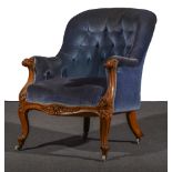 A Victorian walnut spoon-back nursing chair, upholstered in buttoned blue dralon,