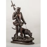 After Edouard Paul Delabrierre, A Spanish Halberdier with hound, brown patinated bronze,