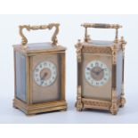 A French brass cased carriage clock, white enamelled chapter ring, platform escapement,