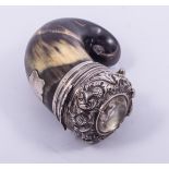 A Scottish white metal mounted curly horn snuff mull, 19th century,