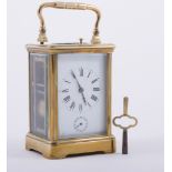 A French brass case repeating carriage clock, white enamelled dial with Roman numerals,