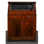 A Regency mahogany chiffonier, raised shelf with brass three-quarter gallery above a mirror,