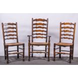 A set of eight Lancashire-type ladder-back chairs, 20th century, rush seats,