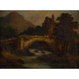 English School, early 19th century Fishing by a Bridge, a near pair, oil on chamfered oak panels,