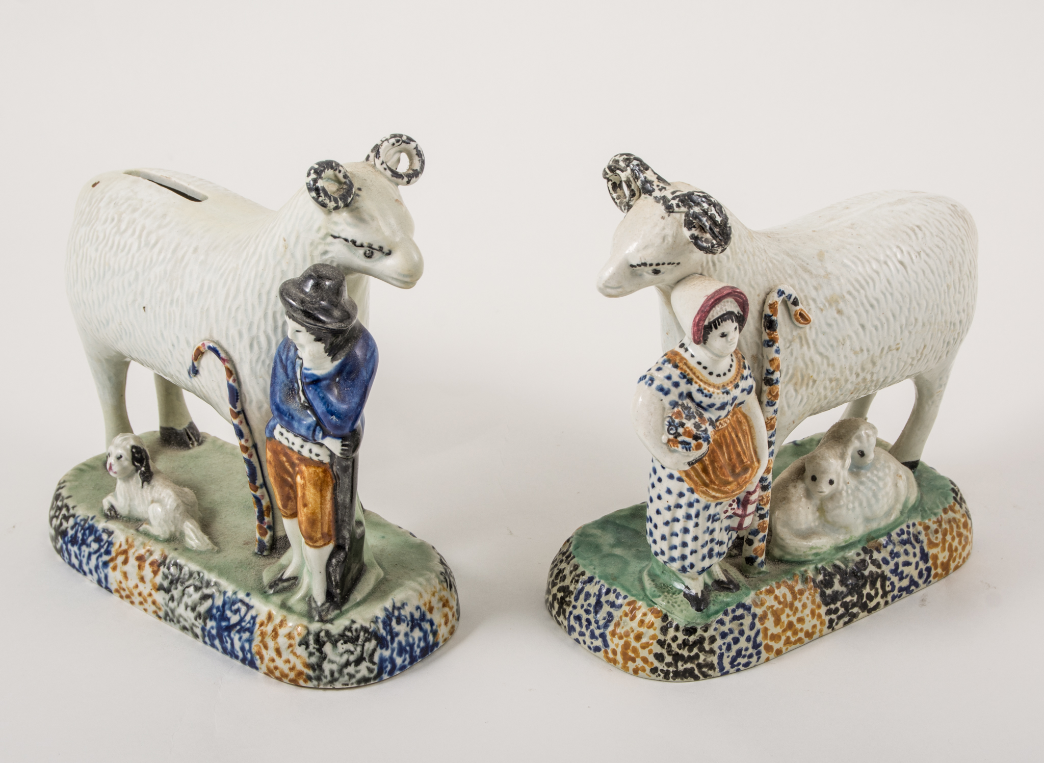 A matched pair of Prattware ram groups, Yorkshire, 1800-1820,