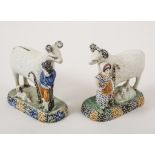 A matched pair of Prattware ram groups, Yorkshire, 1800-1820,