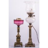 A brass Corinthian column table lamp, adapted from an oil lamp, fluted column, cut glass reservoir,