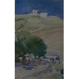 Sir Alfred East Mediterranean landscape with figures and a donkey on a path, unsigned, watercolour,