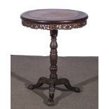 A Chinese hardwood occasional table, circular top with a marble inset, moulded edge,