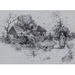 Betty Townsend Feeding Chickens signed, pencil with monochrome wash 14cm x 16cm.