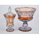 Tinted and cut-glass punch bowl, flared form and a pair matching, cut glass covered vases, 27cm.