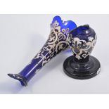 Tall blue glass fluted vase, 61cm; a Victorian blue glass and enamelled fluted vase,