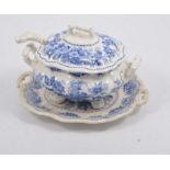 Blue and white large tureen, Corinthian pattern, 37cms; and small tureen, stand and ladle.