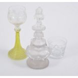 Cut glass decanters; collection of Victorian custard cups; and other glassware.