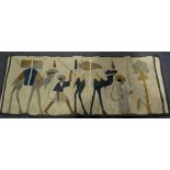 Five Egyptian applique wall hangings, cotton fabric on a hessian base, various sizes,
