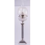 A Victorian style plated Corinthian column oil lamp, square base, fluted shaft,