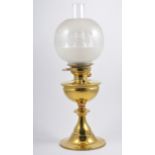 Brass oil lamp, etched shade and with funnel, 58cms.