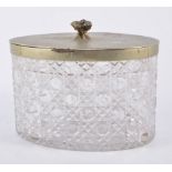 Late Victorian oval cut glass biscuit box, plated lid,