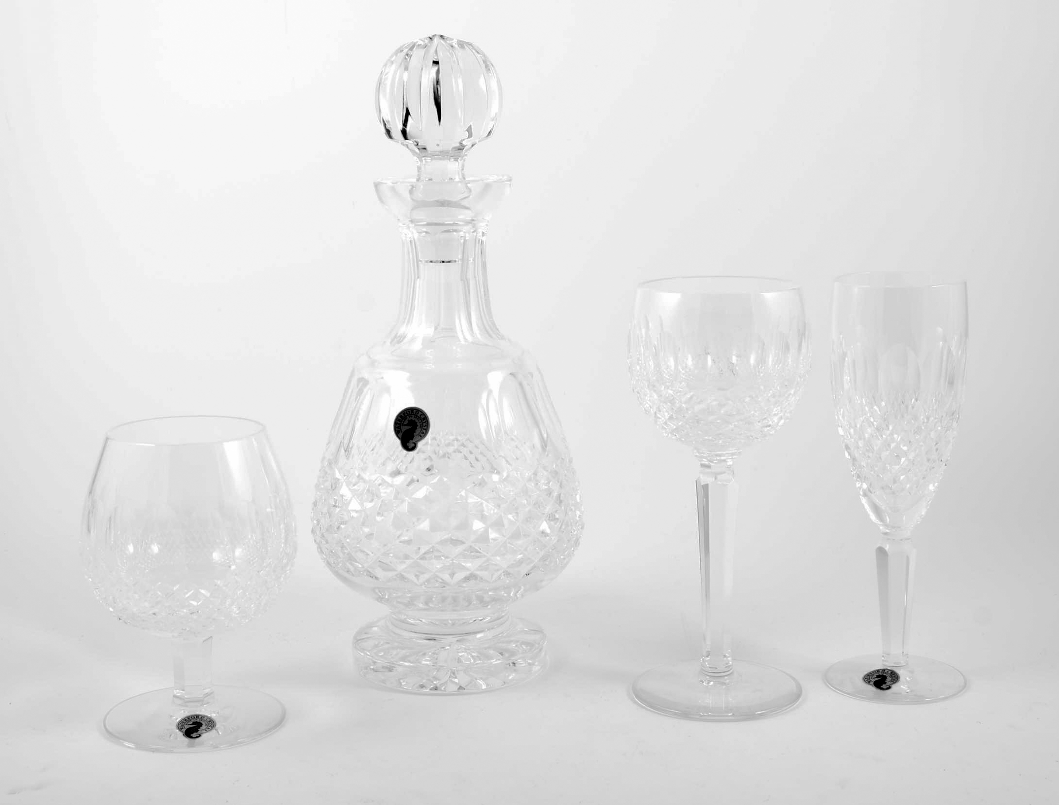 Waterford table glassware, 'Collen' pattern including a decanter, six flutes,