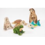 Steiff small plush animals, c1960s, to include tortoise, fish, frog and two sealions, (5).